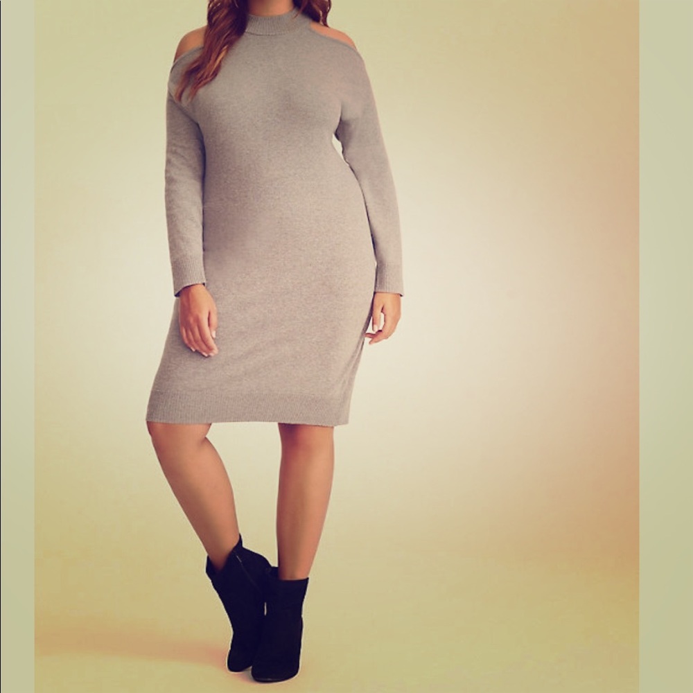Grey Knit High Neck Cold Shoulder Sweater Dress